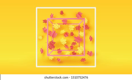 Colorful maple leaves design floating around inside square frame. Graphic design for Autumn. paper cut and craft style. vector, illustration.