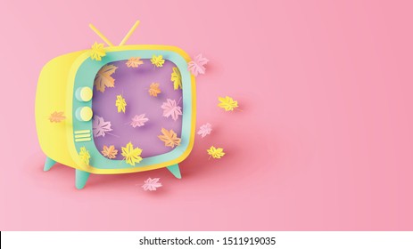 Colorful maple leaves floating out of old retro TV screen. Design retro television for Autumn. paper cut and craft style. vector, illustration.