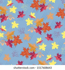 Colorful maple leaves on a rainy background. Seamless pattern for printing on fabric, paper. Vector