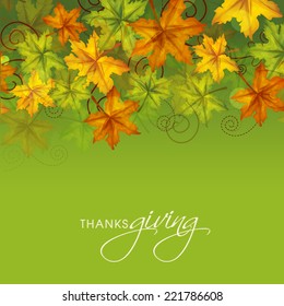 Colorful maples leaves on green background. Poster, banner or flyer design for Thanksgiving Day celebrations. 