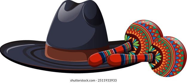 Maracas coloridas e um sombrero preto