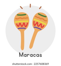 Colorful maracas clipart cartoon style. Simple cute wooden maracas percussion musical instrument flat vector illustration. Percussion instrument maracas hand drawn doodle style. Maracas vector design