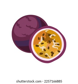 Maracuya colorida o ilustración vectorial del fruto de la pasión. Frutos de verano exóticos para la carta de vitaminas. Cocina tropical fresca aislada de fondo blanco. Superalimentación, concepto de naturaleza