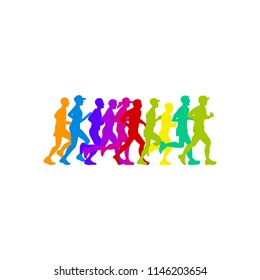colorful marathon run event logo template with running people illustration, vector eps 10