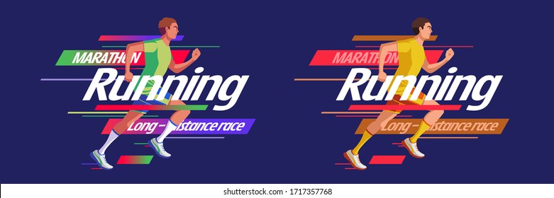 Colorful marathon running icon with men in green and yellow sportswear