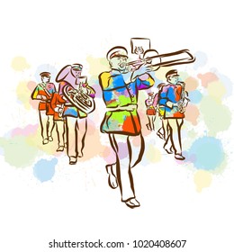 Colorful Marching Band Sketch. Hand Drawn Vector Illustration, Splatter Color Isolated on White Background. Creative  Communication Concept.