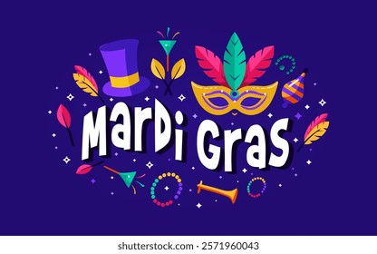 Colorful Mardi gras carnival background with colorful decorative flat elements. Best for banners, cards, posters and social media templates.