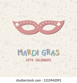 Colorful Mardi Gras decoration with hand drawn mask. Vector