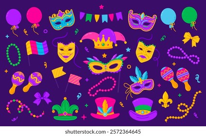 Colorful Mardi Gras elements featuring masks, beads, hats, and festive symbols