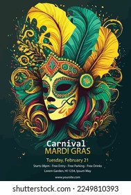 colorful Mardi gras illustration, vertical flyer template.