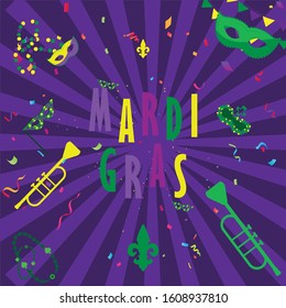 Colorful Mardi Gras letters, isolated in retro purple background with party decorations