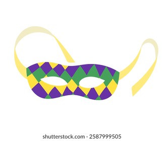 Colorful Mardi Gras mask with a harlequin pattern in purple, green, and yellow, featuring elegant ribbons. Vector drawing in flat hand drawn style isolated on white background