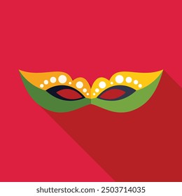 Colorful mardi gras mask lying on red background, celebration of carnival and masquerade symbol