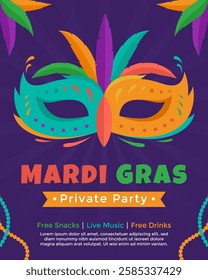 Colorful Mardi Gras poster template with feathers and mask