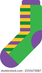 Colorful mardi gras sock showcasing traditional purple, green, and gold stripes, capturing the vibrant energy of the new orleans carnival celebration