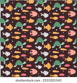 Colorful marine animal pattern with turtles, fish, and seashells on dark background.