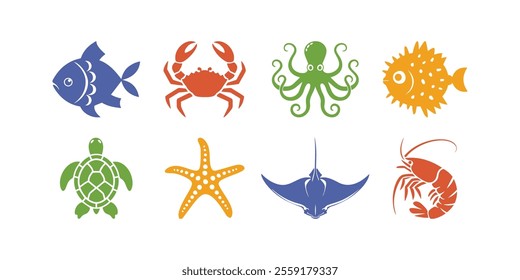 Colorful Marine Animal Vector Icons Set on White Background