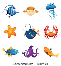 Colorful Marine Animals Set Of Cute Bright Color Childish Design Vector Illustrations Isolated On White Background