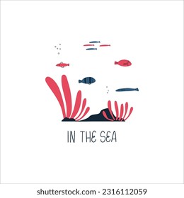 Colorful marine design with fish. Unique t-shirt, cup or bag design, house poster, greeting card illustration. Vector card series.