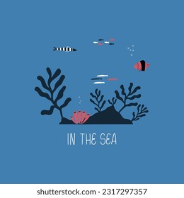 Colorful marine design with fish. Unique t-shirt, cup or bag design, house poster, greeting card illustration. Vector card series.