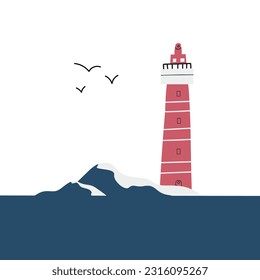 Colorful marine design with igthouse. Unique t-shirt, cup or bag design, house poster, greeting card illustration. Vector card series.