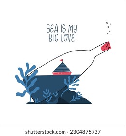 Colorful marine design with ship in bottles. Unique t-shirt, cup or bag design, house poster, greeting card illustration. Vector card series.
