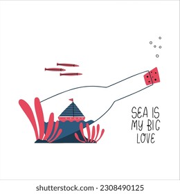 Colorful marine design with ship in bottles. Unique t-shirt, cup or bag design, house poster, greeting card illustration. Vector card series.