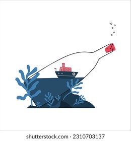 Colorful marine design with ship in bottles. Unique t-shirt, cup or bag design, house poster, greeting card illustration. Vector card series.