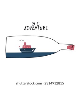 Colorful marine design with ship in bottles. Unique t-shirt, cup or bag design, house poster, greeting card illustration. Vector card series.