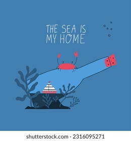 Colorful marine design with ship in bottles. Unique t-shirt, cup or bag design, house poster, greeting card illustration. Vector card series.