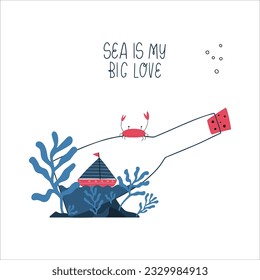 Colorful marine design with ship in bottles. Unique t-shirt, cup or bag design, house poster, greeting card illustration. Vector card series.