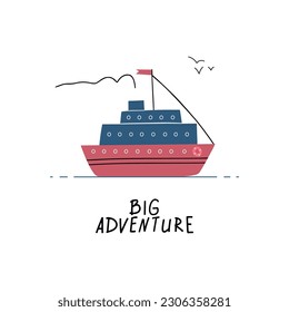 Colorful marine design with ship. Unique cup or bag design, house poster, banner illustration. Vector card series.