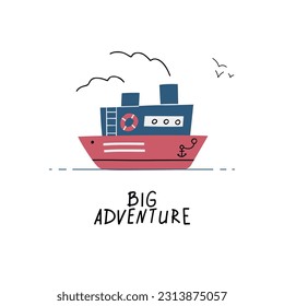Colorful marine design with ship. Unique cup or bag design, house poster, banner illustration. Vector card series.