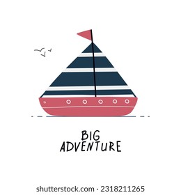 Colorful marine design with ship. Unique cup or bag design, house poster, banner illustration. Vector card series.