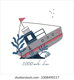 Colorful marine design with sunken ship. Unique cup or bag design, house poster, banner illustration. Vector card series.