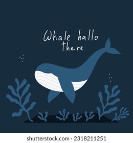 Colorful marine design with whal. Unique t-shirt, cup or bag design, house poster, greeting card illustration. Vector card series.