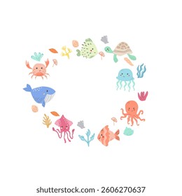 Colorful marine life circle with sea animals and coral illustrations.