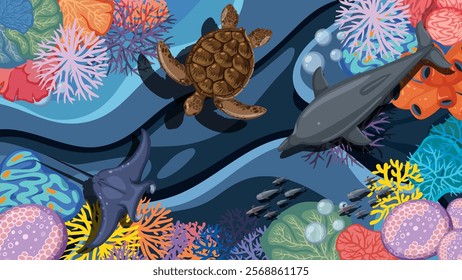 Colorful marine life with coral, turtle, and dolphin