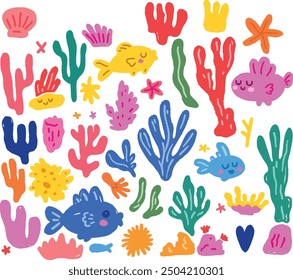 Colorful Marine Life Doodle Coral Fishes Algae Underwater World Pattern Vector Set Illustration