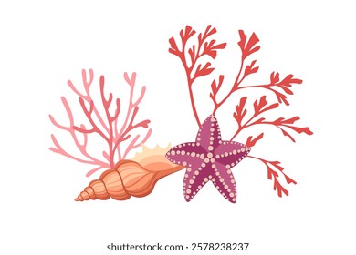 Colorful Marine Life An Illustration Featuring Coral, Shells, and Starfish in Nature Vector illustration on white background
