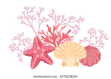 Colorful Marine Life An Illustration Featuring Coral, Shells, and Starfish in Nature Vector illustration on white background