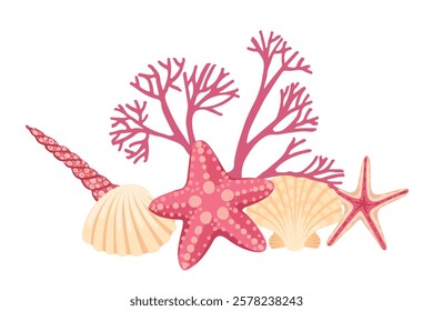 Colorful Marine Life An Illustration Featuring Coral, Shells, and Starfish in Nature Vector illustration on white background