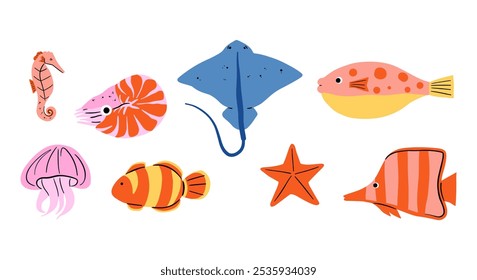 Colorful Marine Life Illustration. A vibrant set of 8 unique marine life illustrations, including seahorse, jellyfish, starfish, and more. Perfect for ocean-themed designs, and children’s projects