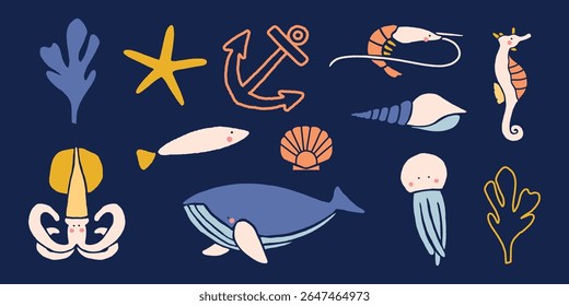 Colorful marine life illustrations: starfish, anchor, shrimp, seahorse, fish, shell, squid, whale, jellyfish. Vibrant sea creatures on a dark background. Animal illustrations, isolated vector set.