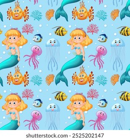 Colorful marine life with mermaids and sea creatures