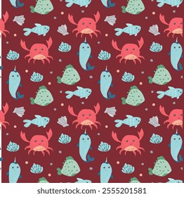 Colorful marine life pattern with crabs, fish, and shells on maroon background.