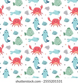 Colorful marine life pattern with cute crabs, fish, and seashells.