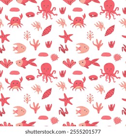 Colorful marine life pattern with octopus, fish, crab, starfish, and coral elements.