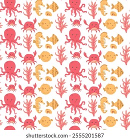 Colorful marine life pattern with octopus, crab, and seaweed motifs.