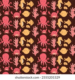 Colorful marine life pattern with octopuses, crabs, and seahorses.